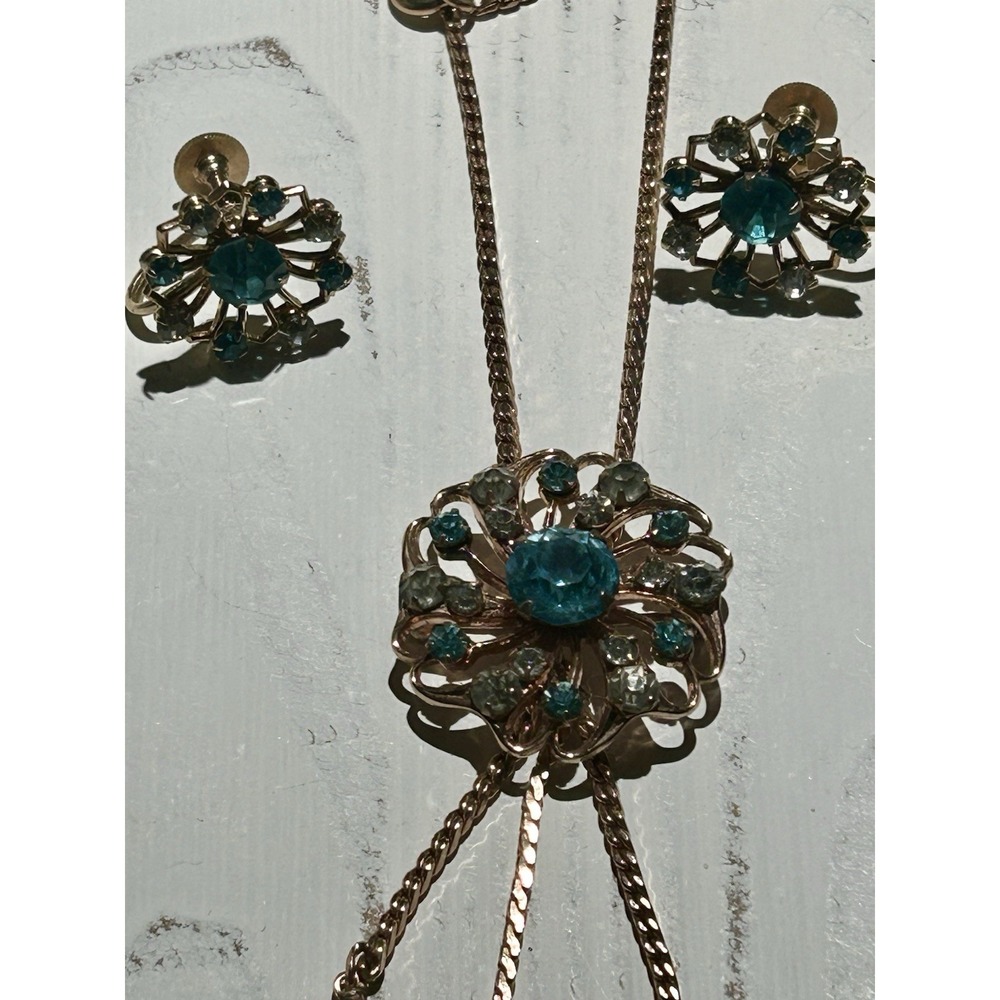 Vintage 1940's Aqua Blue Rhinestone Necklace/Pin & Earrings Set Demi Parure